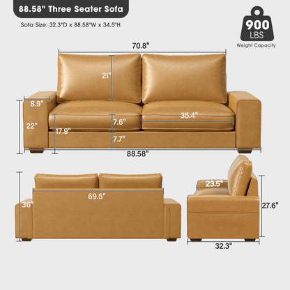 Valthie Faux Leather Couch, Mid Century Modern Comfy Loveseat Sofa with Wide Arm, Side Pockets, Solid Wooden Frame for Office, Living Room and Bedroom, 3 Seater (Brown, 88.58 inches)