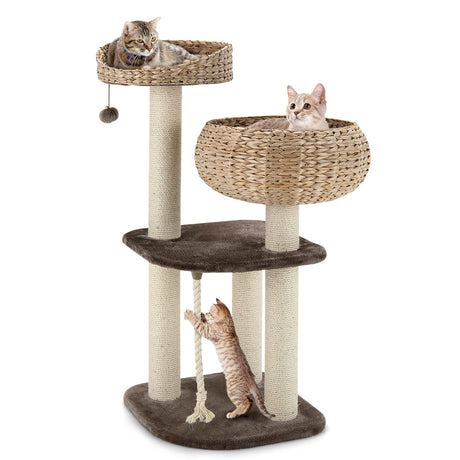 Tangkula Modern Cat Tree for Indoor Cats, Small/Tall Cat Tree with Natural Sisal Scratching Post, Hand-Made Wicker Cat Condo & Top Perch, Funny Hanging Toy Ball, Cute Cat Tree Tower for Large Cats Tangkula