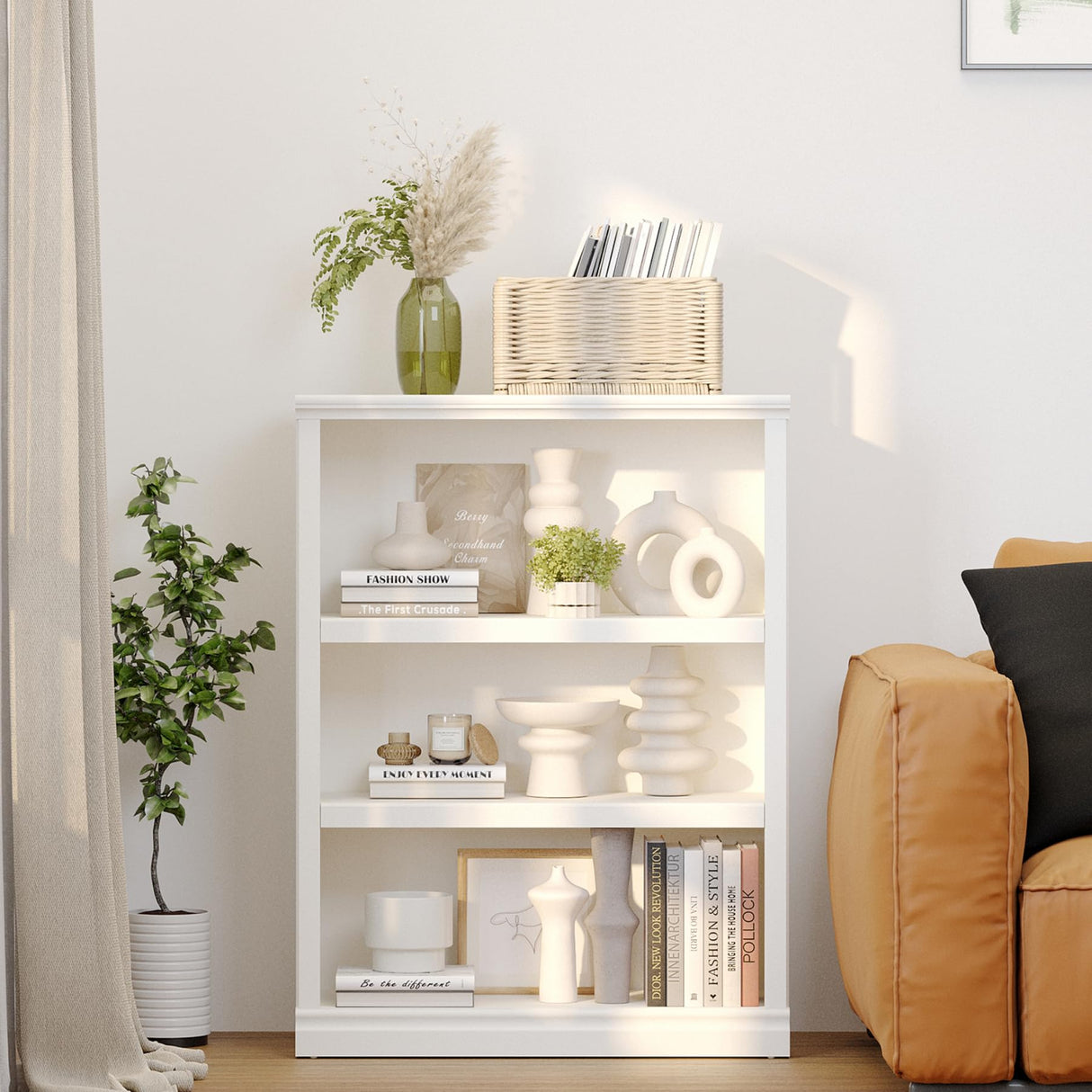 Blini 3-Shelf Tall Bookcase in White - Stylish Wooden Storage Solution for Home & Office blini