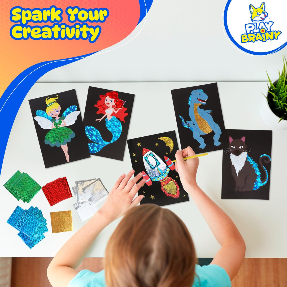 Play Brainy 10-in-1 Foil Art Kit - Kids Arts and Crafts Kit for Ages 5+, Mess-Free Kids Craft Set with 10 Printed Cardboard Sheets, 38 Foil Papers & Scratch Pen, DIY Activity & Birthday Christmas Gift Play Brainy