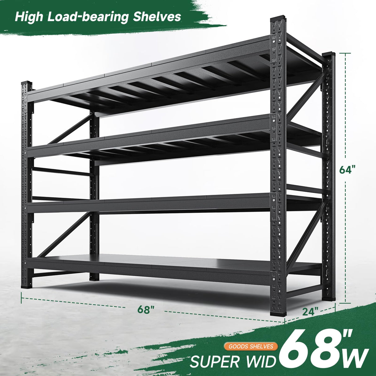 Letaya 68" W Storage Shelves Heavy Duty, 7000LBS Garage Shelving Units, 4 Tier Adjustable Utility Rack Shelf,Large Metal Industrial Shelves,for Shop,Warehouse,Basement (68" W x 24" D x 64" H) Letaya