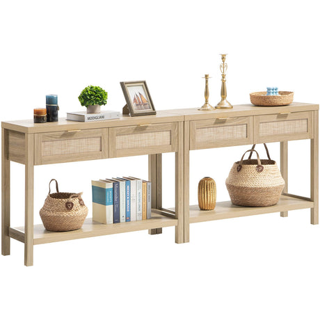 SICOTAS Set of 2 Boho Console Tables with Rattan Drawers and Storage in Reclaimed Light Oak SICOTAS