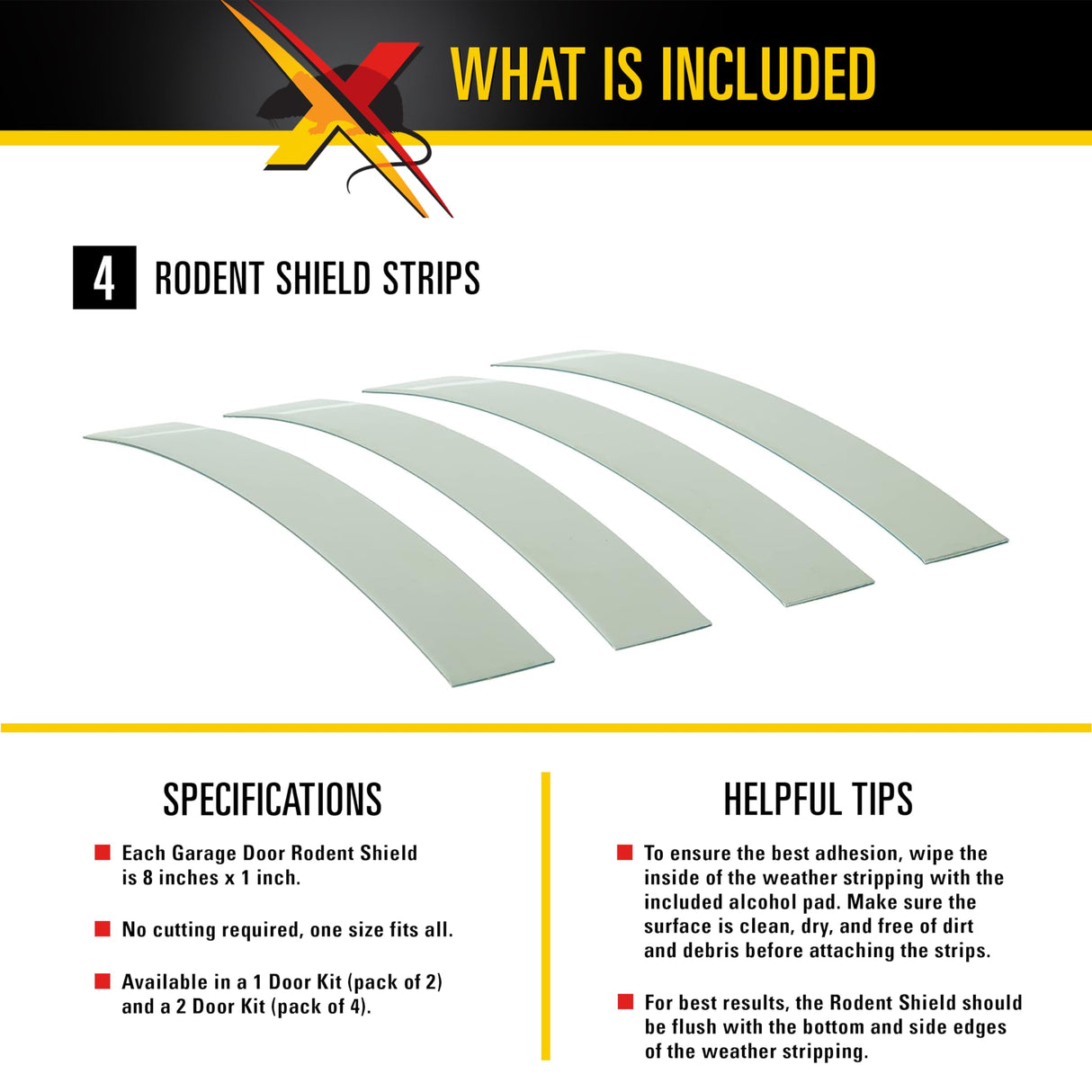 Xcluder Stainless Steel Garage Door Rodent Shield; 2 Door Kit with 8-inch Door Strips (Pack of 4); Keep Rats and Mice Out; Suitable for Residential and Commercial Use (162942) Xcluder