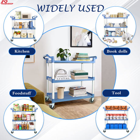 AQNIEGEP Utility Carts with Wheels Rolling Cart Commercial Kitchen Cart Large Food Service Cart Heavy Duty, 600 Lbs Load Capacity, Lockable Wheels, Rubber Hammers AQNIEGEP