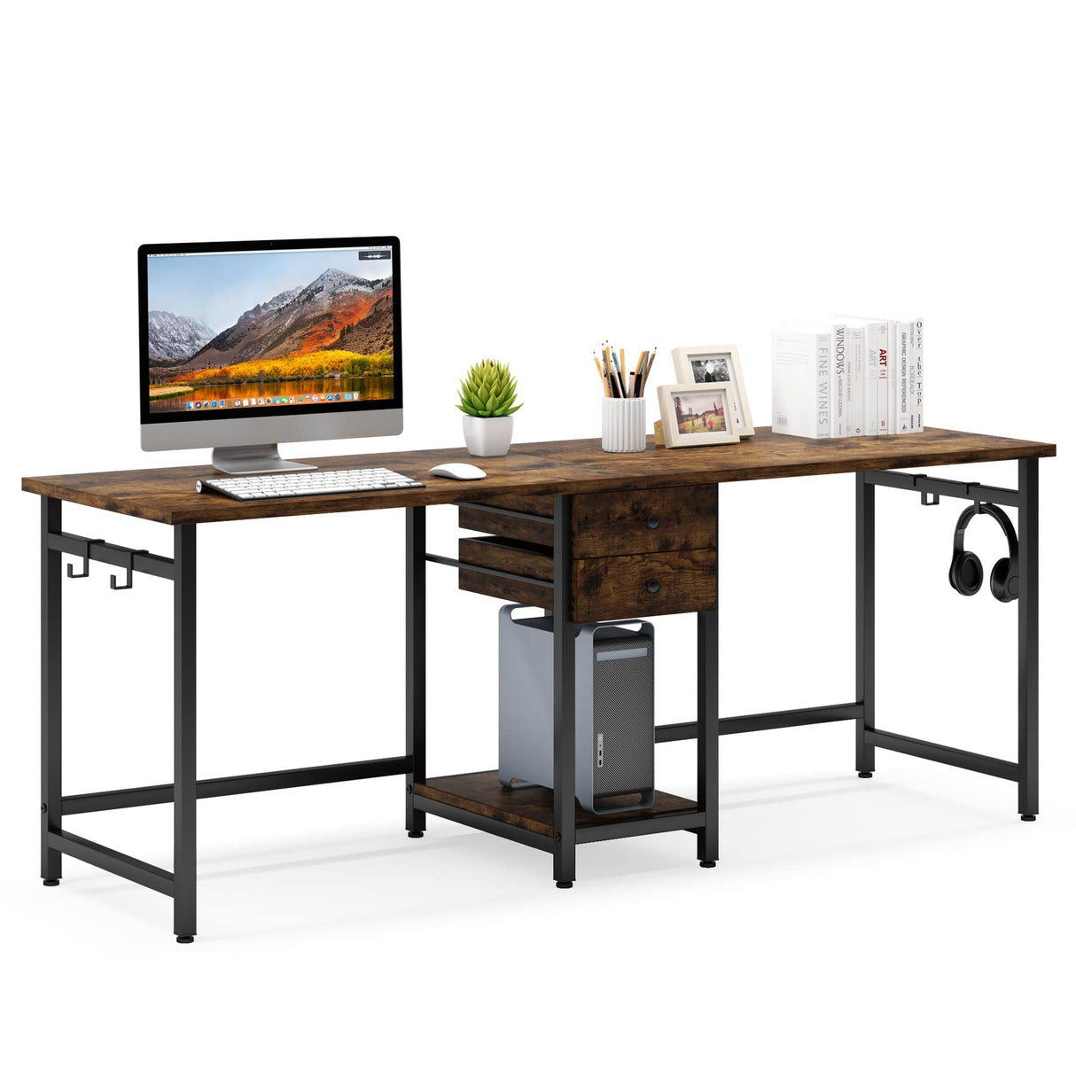 Tribesigns 78.74’’ Two Person Desk with 2 Drawers, Long Double Computer Desk Gaming Table with Shelves, Industrial Study Writing Table Workstation for Home Office, Rustic Brown Tribesigns