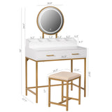 UTEX Makeup Vanity Desk with Mirror and Lights, Makeup Vanity Set with Drawers, Small Makeup Vanity Table, 3 Lighting Modes Dresser Desk and Cushioned Stool Set for Bedroom White and Gold UTEX