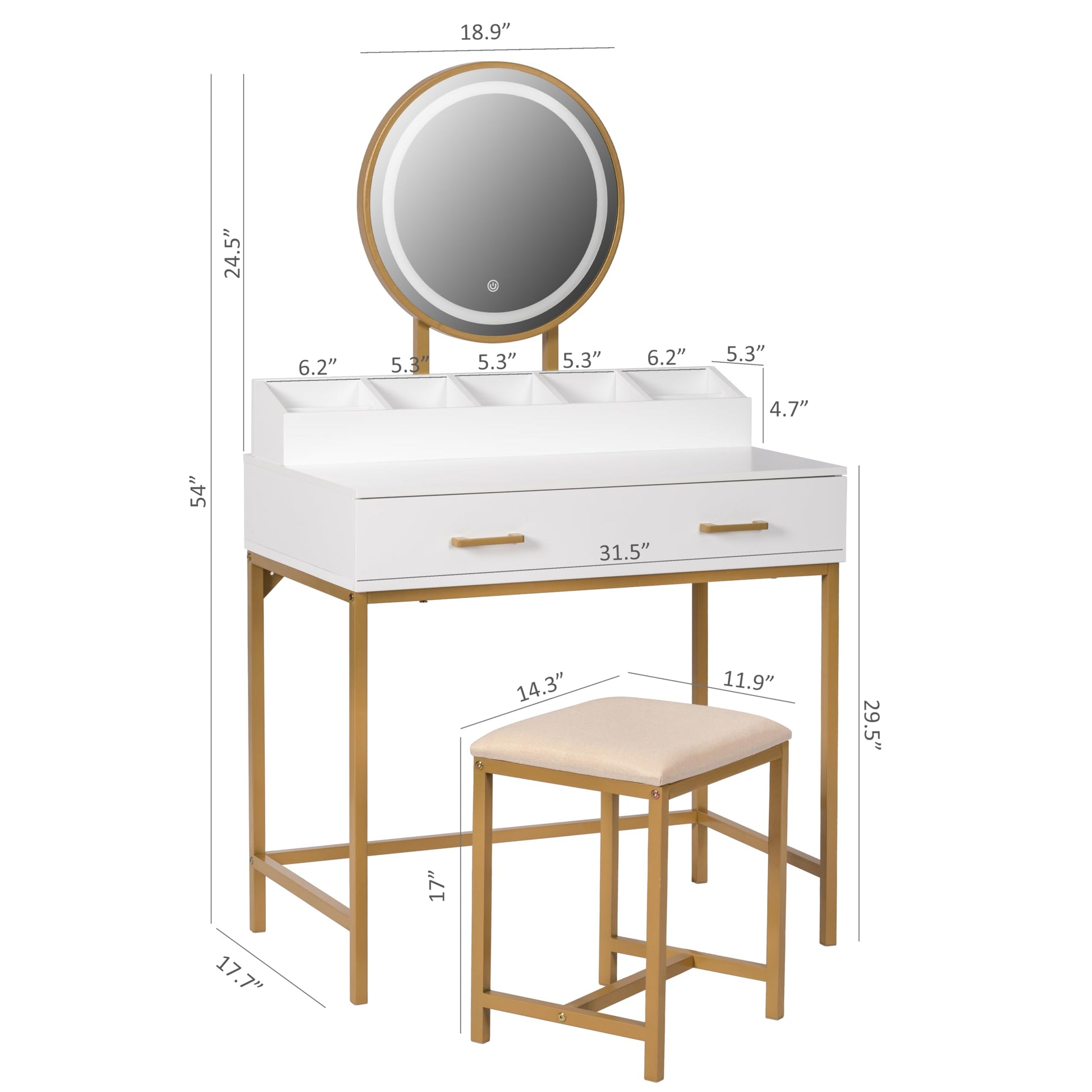 UTEX Makeup Vanity Desk with Mirror and Lights, Makeup Vanity Set with Drawers, Small Makeup Vanity Table, 3 Lighting Modes Dresser Desk and Cushioned Stool Set for Bedroom White and Gold - WoodArtSupply