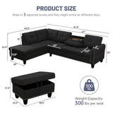 L Shaped Modular Sectional Sofa with Reversible Chaise Lounge, 5-Seater Corner Couch, Linen Upholstery Convertible Sofá w/Movable Ottoman, Cup Holders, 2 Pillows and Rivet Ornament for Living Room NicBex