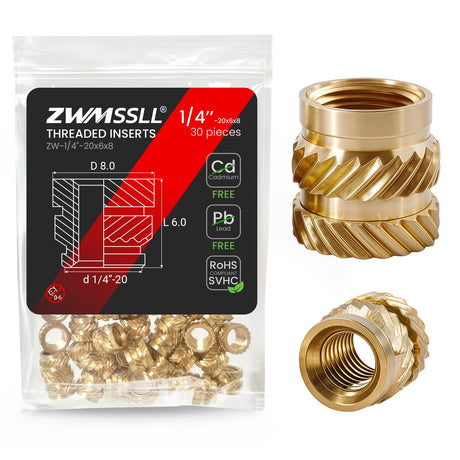 ZWMSSLL 1/4"-20 Heat Set Threaded Inserts,30 Pieces 1/4"-20x6x8 Heat Set Insert for 3D Printing Components and Plastic Parts,Brass Knurled Nuts ZWMSSLL
