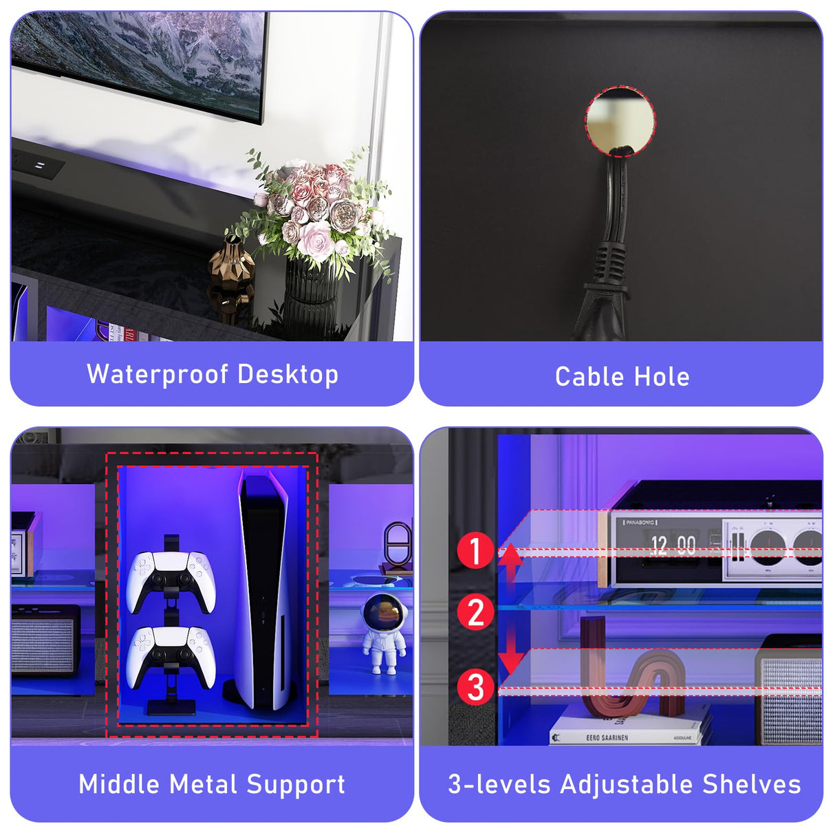 chartustriable LED TV Stands W/Power Outlet for 50 55 60 65 70Inch TV,Black Entertainment Center W/70000-Colors Lights,High Gloss LED TV Console w/Adjustable Glass Shelves for Living Room Gameroom chartustriable