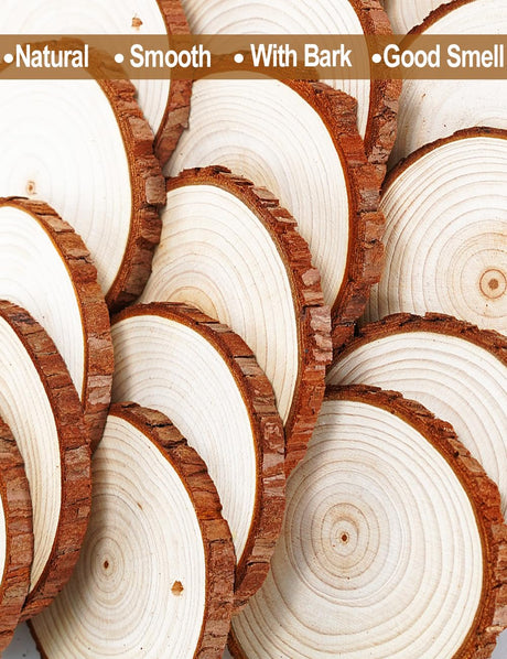 wohohoho 24pcs 2.4-2.8 inches Natural Wood Slices, Unfinished Craft Wood Kit Predrilled with Hole Thickened Wooden Circles with Bark for DIY Ornaments Christmas Wedding Decorations Wood Coasters Tags wohohoho