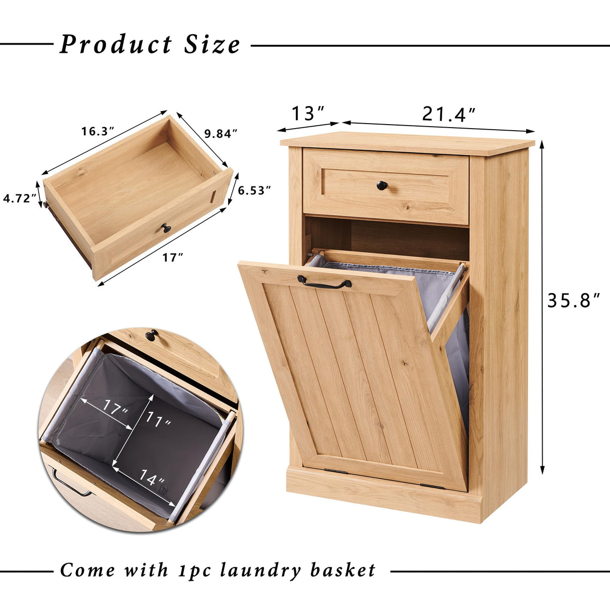 IFGET Tilt Out Trash Can Cabinet, 10 Gallon Farmhouse Laundry Hamper Cabinet with Drawer, Hidden Wooden Trash Garbage Can Bin with Storage Basket for Kitchen, Living Room (Natural) IFGET