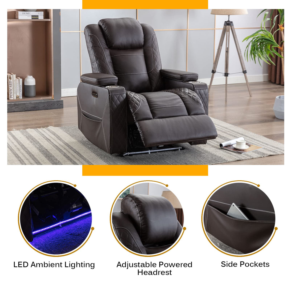 Houjud Power Recliner Chair, Home Theater Seating Soft Leather Electric Recliner Movie Chair for Living Room with Adjustable Headrest, LED Lighting, Hidden Arm Storage, Cup Holder (Brown) Houjud