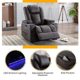 Houjud Power Recliner Chair, Home Theater Seating Soft Leather Electric Recliner Movie Chair for Living Room with Adjustable Headrest, LED Lighting, Hidden Arm Storage, Cup Holder (Brown) Houjud