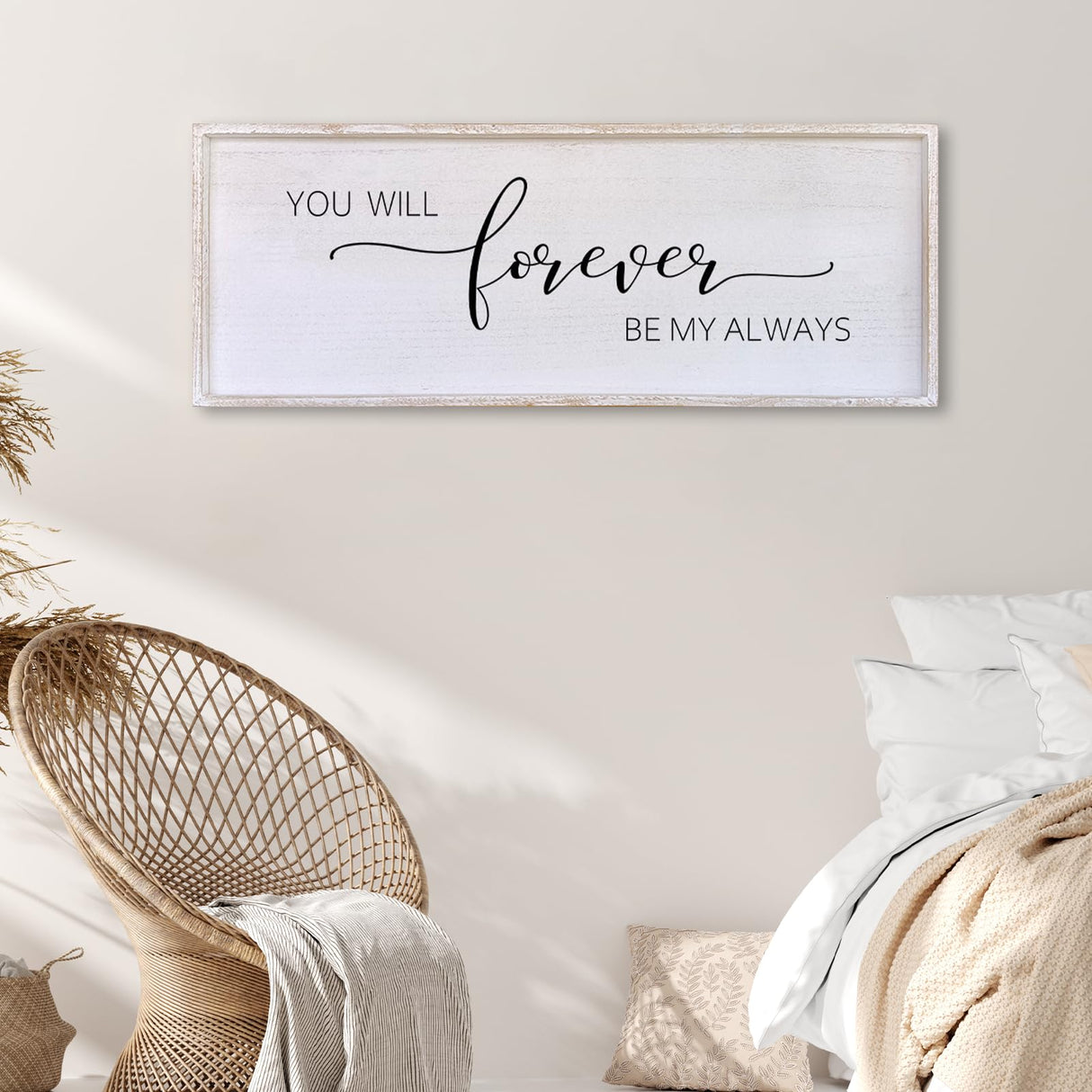 You Will Forever Be My Always Sign Wall Decor 32”X12” Bedroom Above Bed Farmhouse Large Master Room Soild Wooden Framed Home Rustic Guest Room Minimalist Over Bed Hanging Art Wall (White) Surfapans