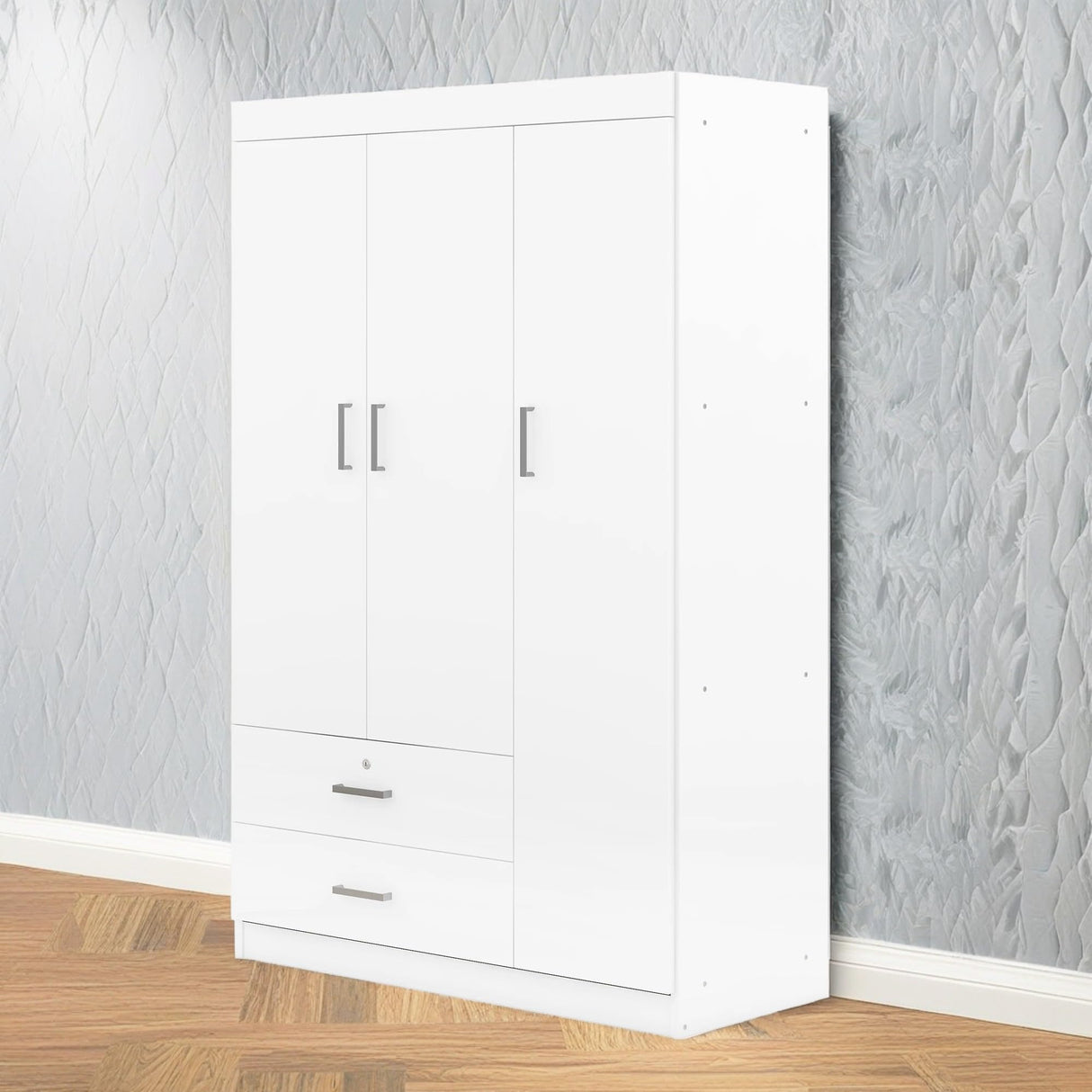 KELRIA Modern 3-Door Wardrobe with 2 Drawers, 3-Tier Storage-Cubes and Hanging Rail, Large Freestanding Armoire Wardrobe Closet, Clothes Storage Cabinet Organizer for Bedroom, White KELRIA