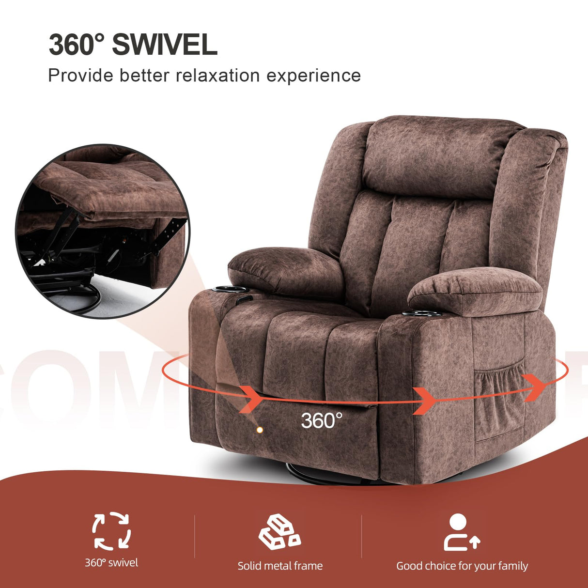 COMHOMA Recliner Chair,360° Swivel Rocker Glider Recliners with Cup Holders, Upholstered Fabric Rocking Chair for Adults,Manual Reclining Single Sofa for Living Room,Brown COMHOMA
