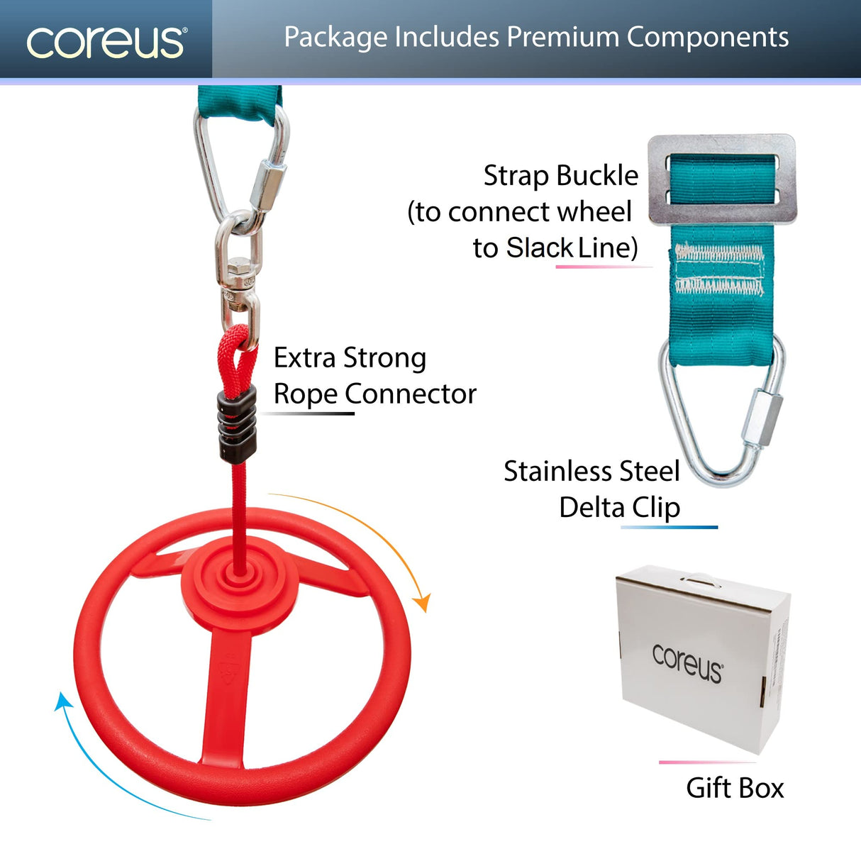 Ninja Kids Hanging Obstacle Course with Swivel Slackline Spinner Wheel Red coreus