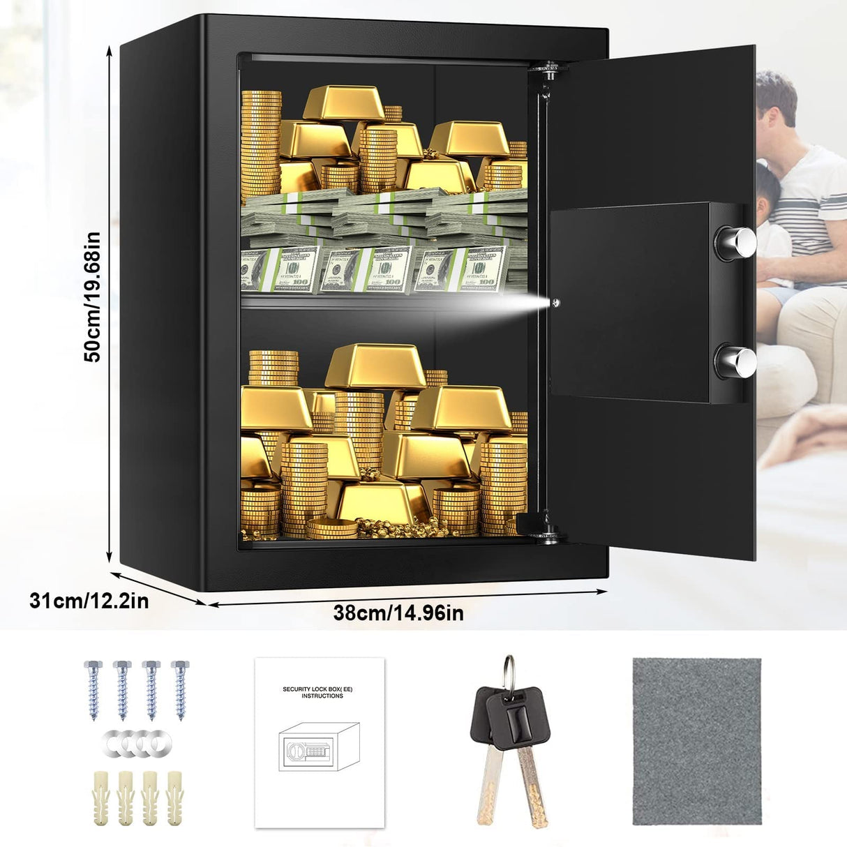 3.0 Cubic Feet Fire proof Safe Boxes for Home Use, Digital Home Security Safe Box with Electronic Keypad & Keys, Personal Safe for Firearm Medicine Money Documents Valuables TOLEBLID