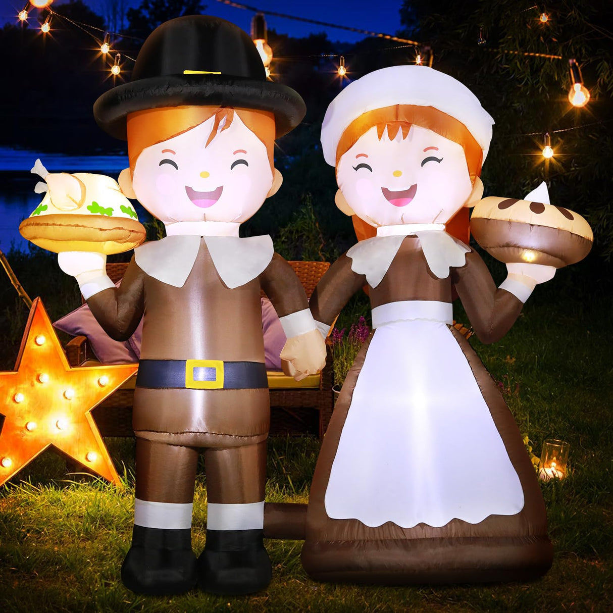 6ft Tall LED Lighted Inflatable Pilgrim Boy and Girl – Thanksgiving Holiday Yard Decoration for Outdoors, Christmas, Fall Decor – Blow Up Lawn Decorations with Built-in LED Lights for Garden, Party DomKom