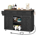 HOOBRO Kitchen Island with Storage, Power Outlet, Rolling Kitchen Island Cart on Wheels, with 2 Drawers, Sliding Barn Doors and Lockable Wheels, Farmhouse, Black BF28UZD01 HOOBRO