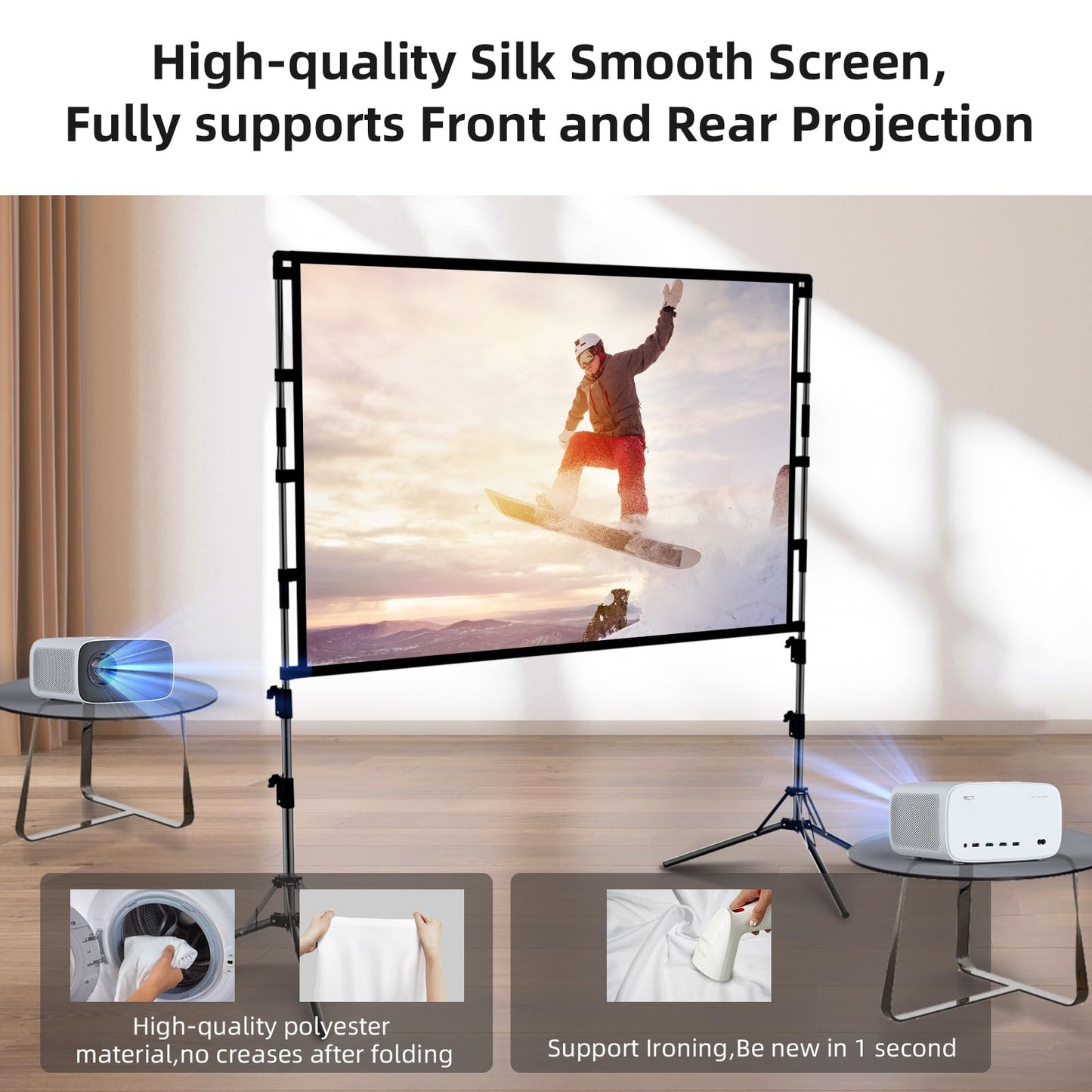 Projector Screen and Stand,GAINVANE 120 inch Portable Projector Screen Indoor Outdoor Projection Screen 16:9 4K HD Wrinkle-Free Light-Weight Movie Screen with Carry Bag for Backyard Movie Night