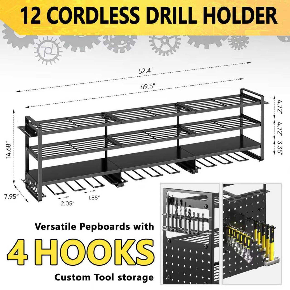 Frizoky 52'' Heavy Duty Power Tool Organizer Rack | 660lbs Capacity 4-Tier Wall Mount Garage Storage Shelf | Adjustable Pegboard Tool Storage for Workshop, Garage, and DIY Enthusiasts Frizoky