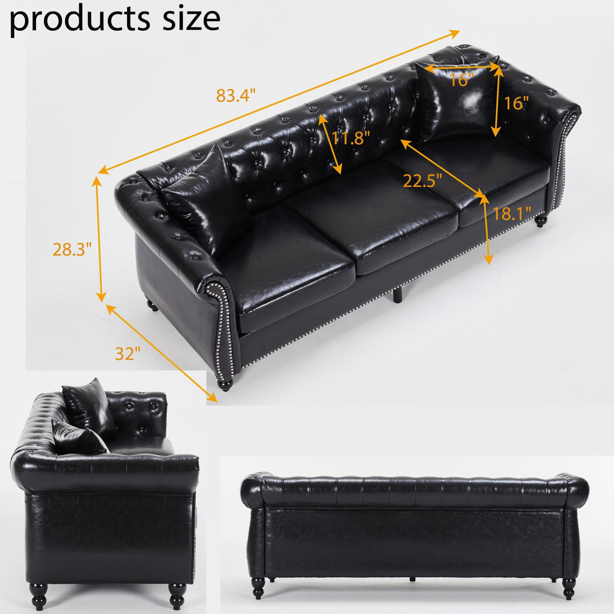 Chesterfield Sofa 83.4 " Faux Leather Couches with Gourd Wooden Legs, Deep Seat Comfy 3-Seater Upholstered Couch Button Nailhead Tufted Classic Couches for Living Room，Bedroom Easy to Assemble (Black) FEISHOMINOO