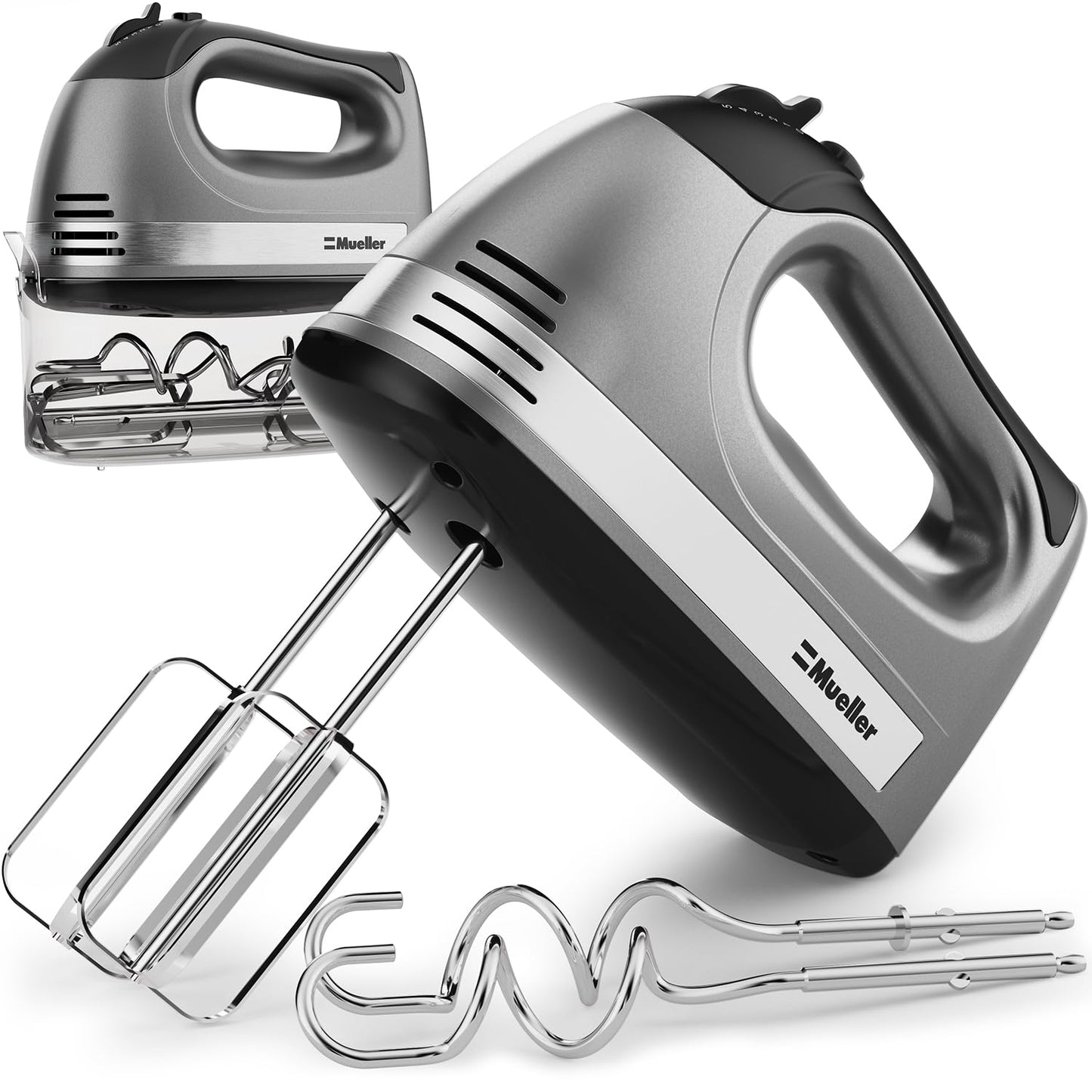 Mueller Electric Hand Mixer, 5 Speed 250W Turbo with Snap-On Storage Case and 4 Stainless Steel Accessories for Easy Whipping, Mixing Cookies, Brownies, Cakes, and Dough Batters