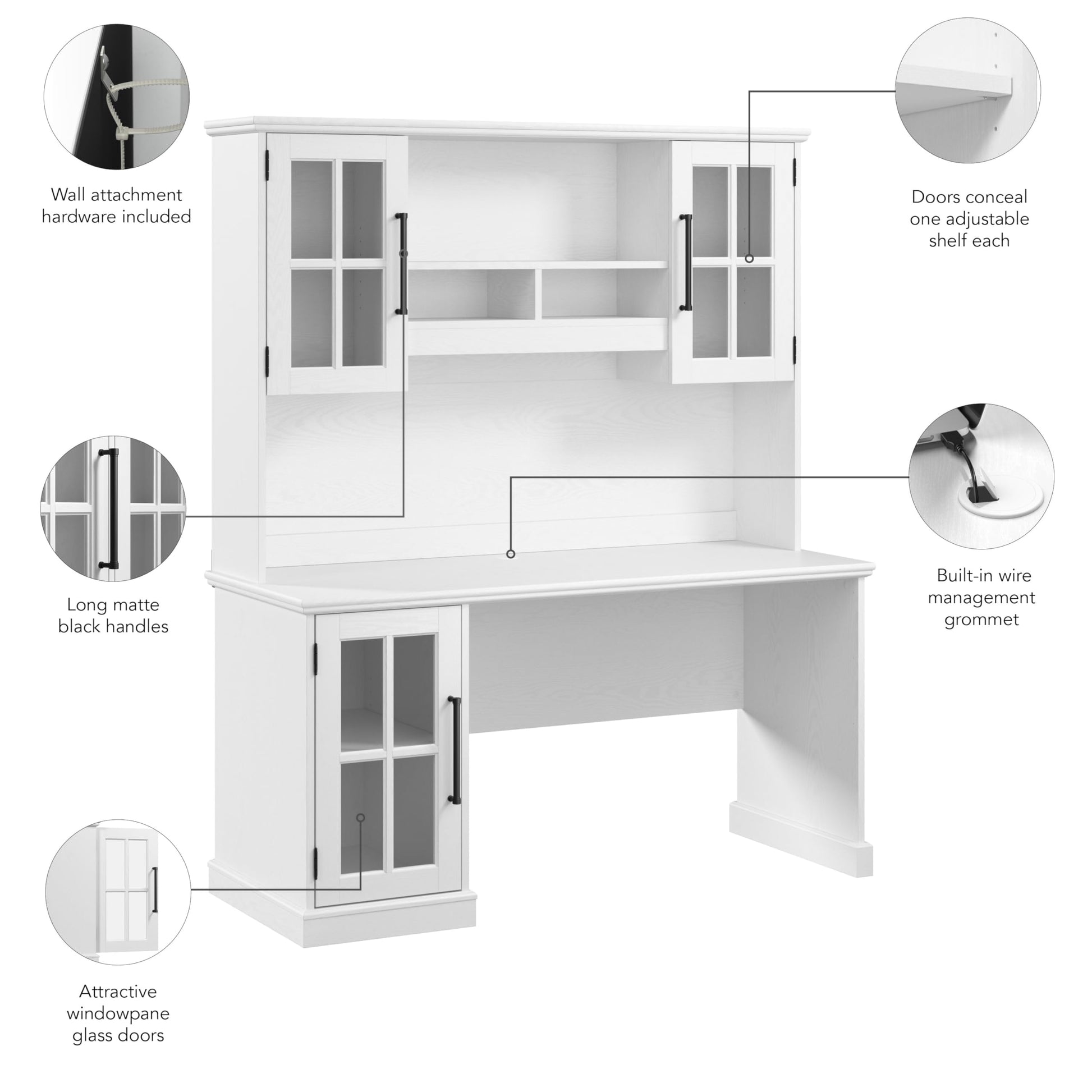 Bush Furniture Westbrook 60W Computer Desk with Hutch in White Ash | Farmhouse Desk for Home Office Workspace - WoodArtSupply