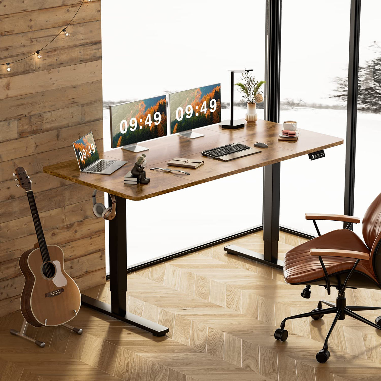 Furmax Electric Height Adjustable Standing Desk Large 63 x 24 Inches Sit Stand up Desk Home Office Computer Desk Memory Preset with T-Shaped Metal Bracket, Brown Furmax