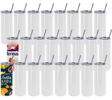 24 Pack Sublimation Tumblers Bulk 20 oz Skinny Straight, Sublimation Blanks Double Wall Stainless Steel Skinny Tumbler with Lid and Straw, Shrink Wrap Film, Individually Boxed, for Heat Press Machine Draheri