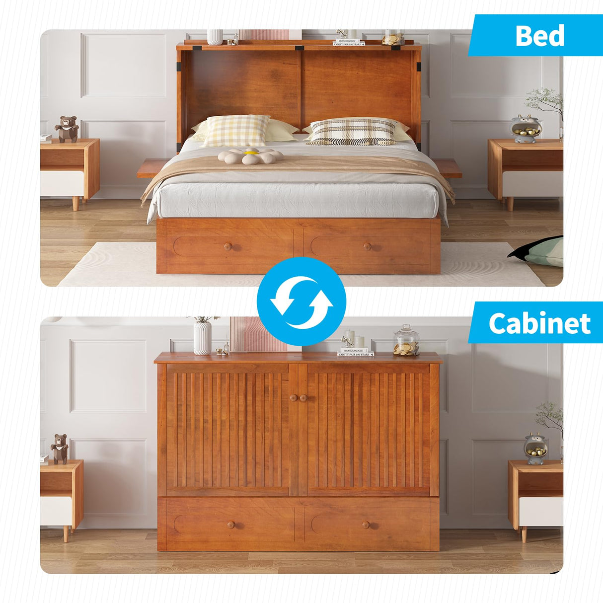 Mjkone Queen Size Murphy Bed Cabinet with Drawers and USB Charging Station, Wooden Versatile Wood Chest Cabinet Wall Bed with Tri-Fold Mattress, Modern Guest Beds for Bedroom Home Apartment - Cherry Mjkone