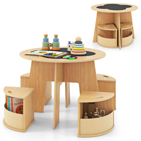 INFANS Toddler Table and Chair Set with 4 Storage Stools, Wooden Flower Shaped Nesting Table with Blackboard Drawers, Children Multi-Activity Table for Art Crafts Draw Read Boys Girls 3+ (Natural) INFANS