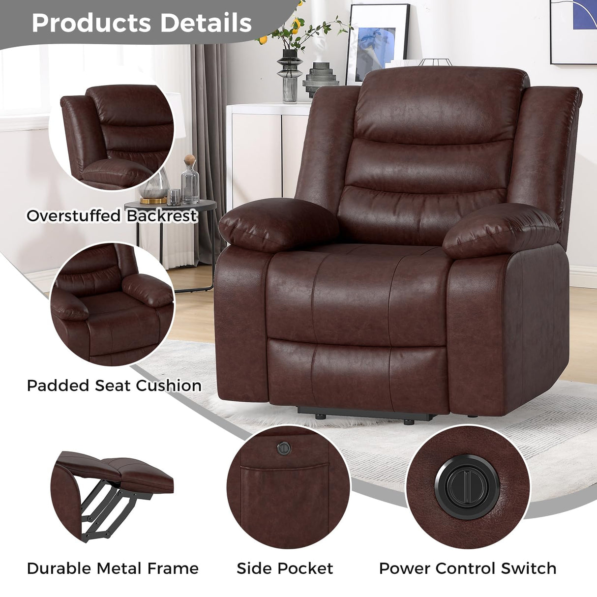 CANMOV Leather Power Lift Recliner Chair with Massage and Heat for Elderly People,Electric Lift Chair for Seniors Reclining Chair Single Sofa Chair for Living Room, Side Pocket,Brown CANMOV