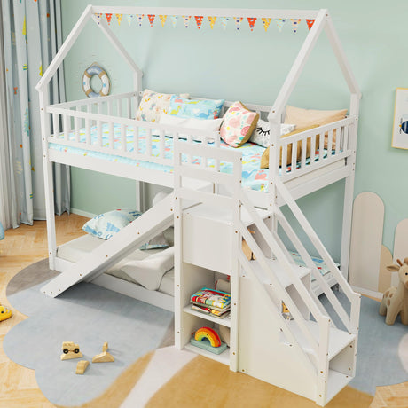 KOMFOTT Wood Twin Over Twin Bunk Bed with Slide & Staircase, Twin House Bunk Bed with Safety Guardrails & Storage, Floor House Bed with Wooden Slat Support for Boys Girls, No Box Spring Needed (White) KOMFOTT