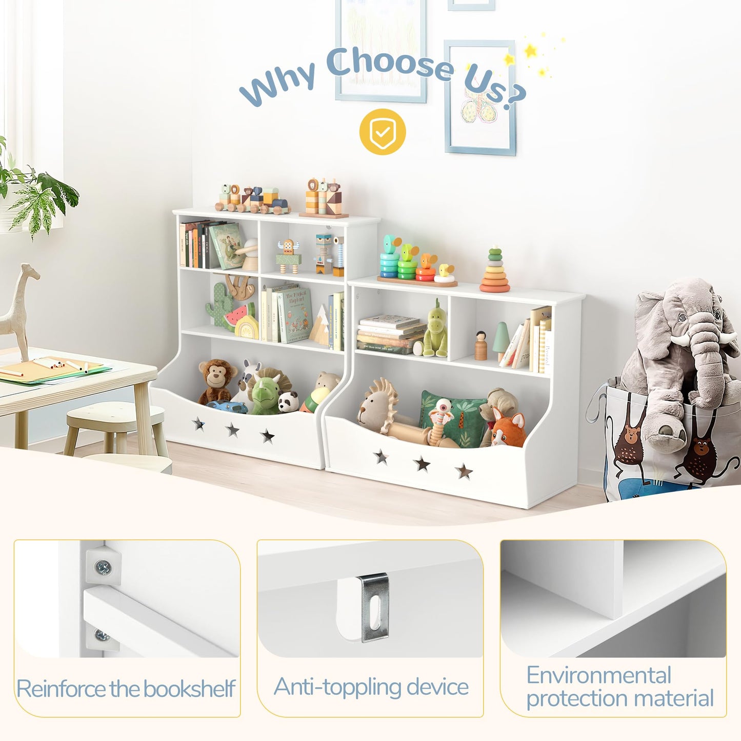 Curipeer White 3-Shelf Kids Bookshelf with 5 Cube Units and Star Pattern Toy Organizer for Playroom and Nursery - WoodArtSupply