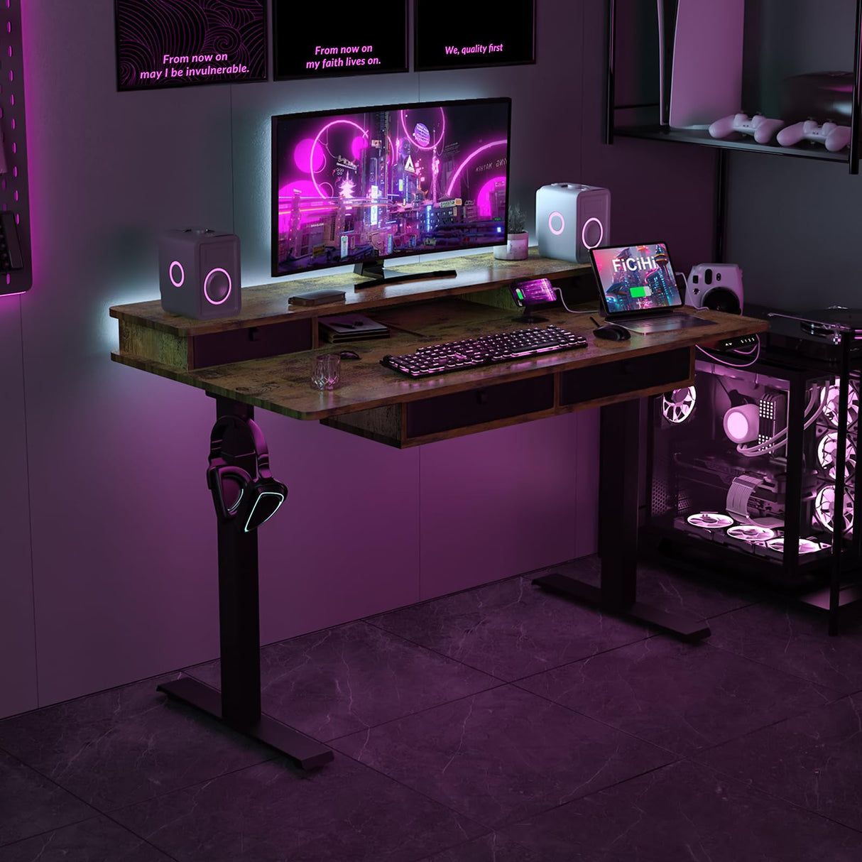 FICIHI Adjustable Height Standing Desk with 4 Drawers & Wheels,55 x 30 inches Electric Sit Stand Desk for Home Office,3 Memory Presets,Monitor Stand Riser,USB A/C Charging Port FICIHI