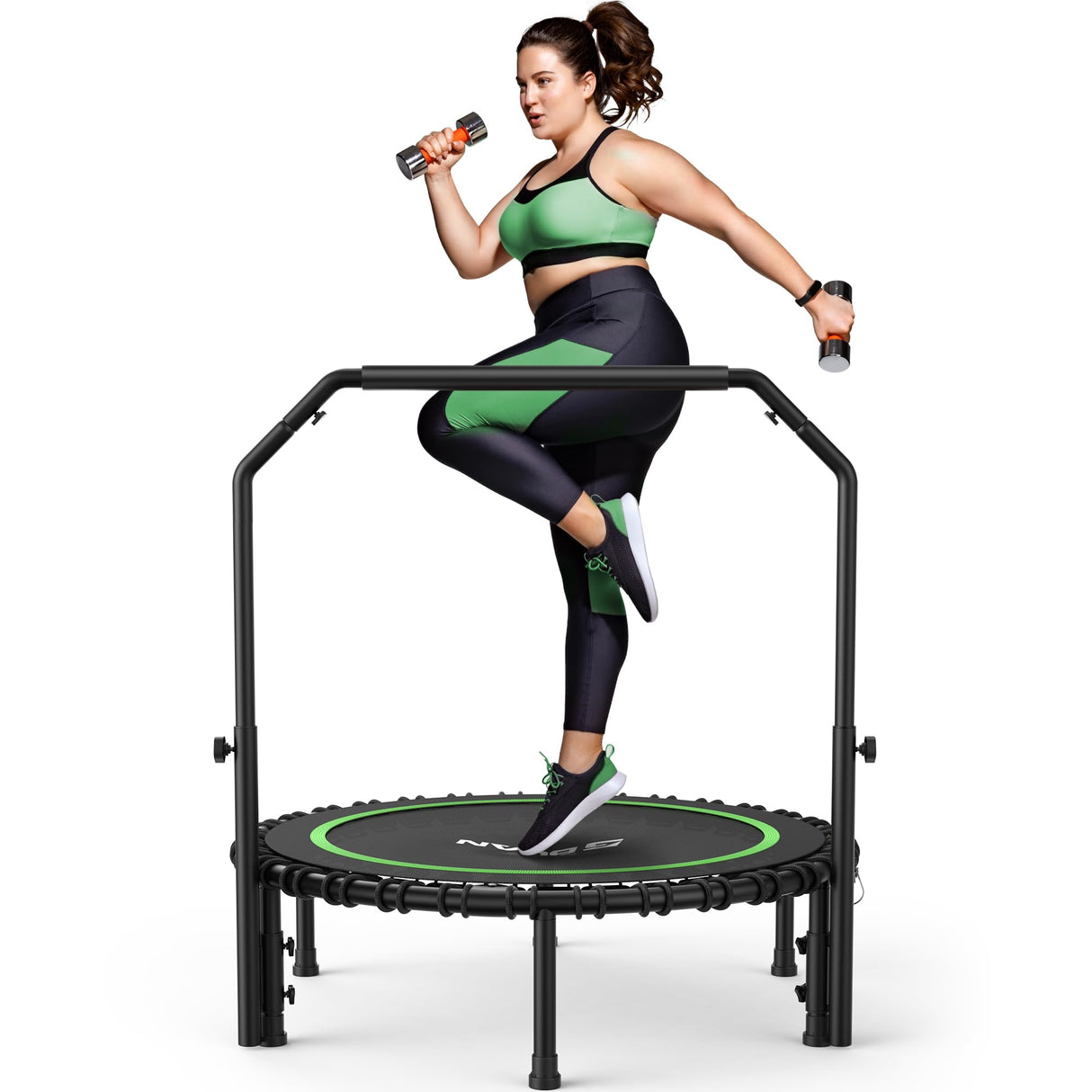 BCAN Adult Mini Trampoline, 40" Fitness Trampoline with Bungees, U Shape Adjustable Foam Handle, Stable & Quiet, Indoor Outdoor Workout-Green BCAN