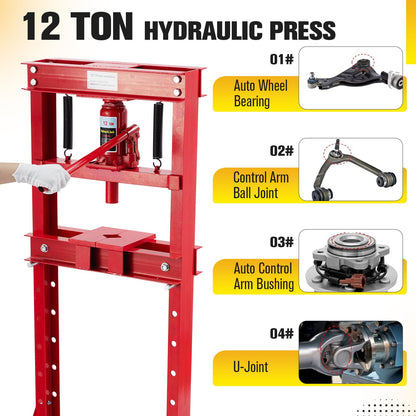 GarveeTech 12 Ton Hydraulic Press, H-Frame Garage Floor Hydraulic Shop Press, Garage Floor Press with 2 Press Plates, Adjustable Working Table Height, for Gears, Bearings, Red - WoodArtSupply