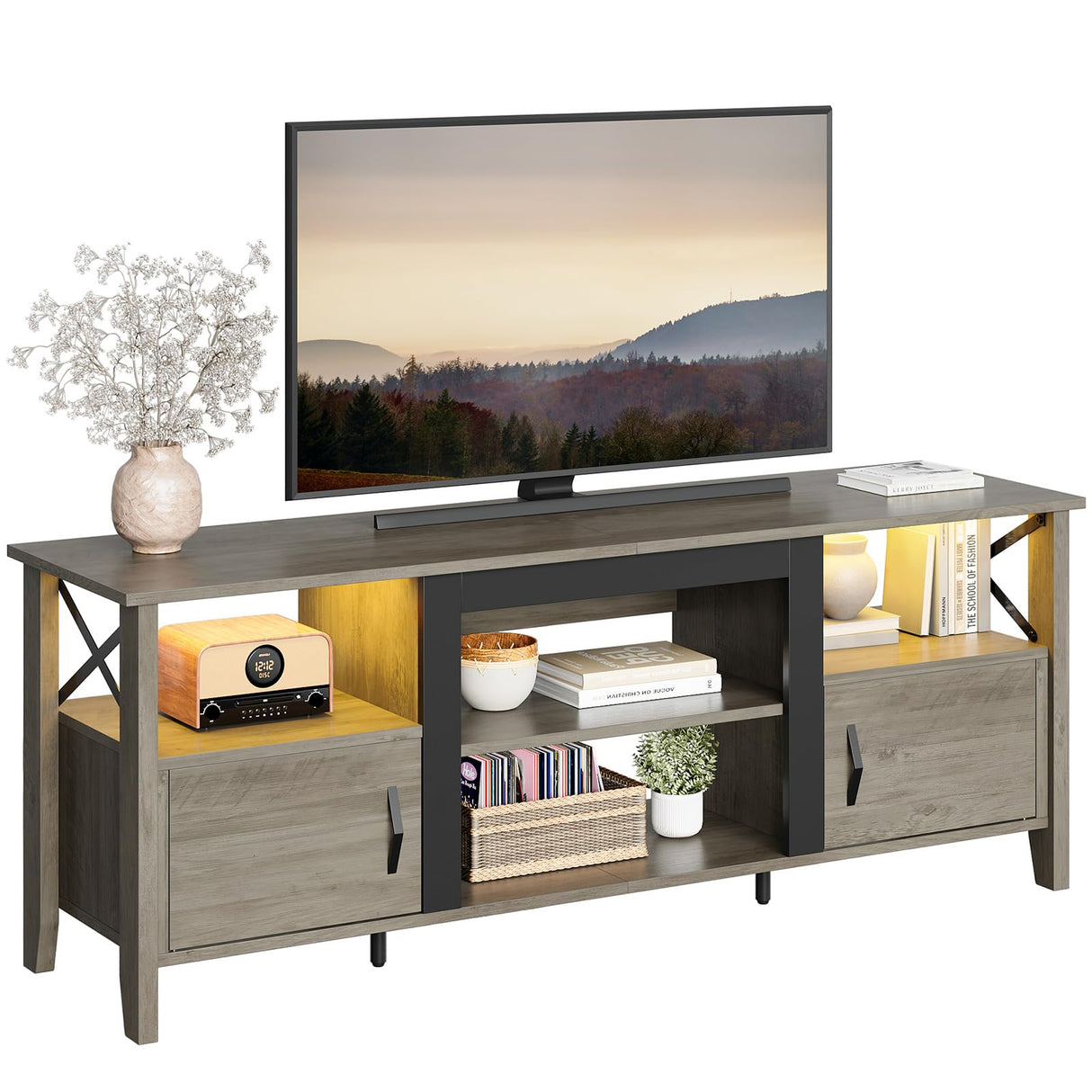 Bestier Farmhouse TV Stand for 70 inch TV, Gaming Entertainment Center with LED Lights, TV Console with 2 Storage Cabinets and Shelf for Living Room, 63'' Inch, Grey Wash Bestier
