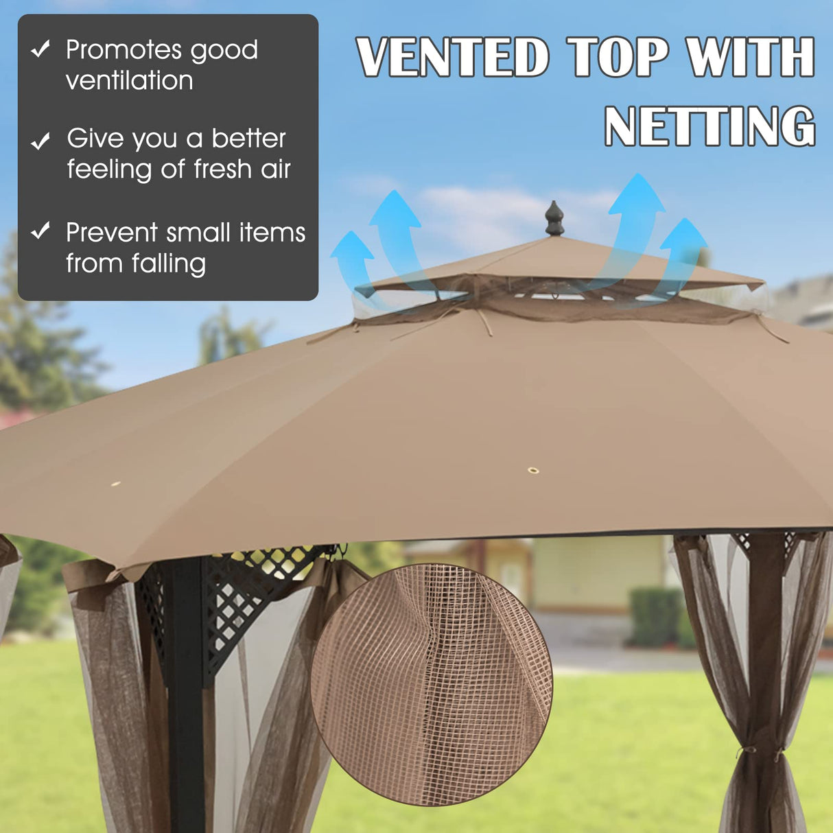 Tangkula 10x12 Ft Gazebo Replacement Canopy Top, Double Tier Canopy Replacement Roof with Air Vent and Drainage Holes, CPAI-84 Outdoor Canopy Top Cover for Garden, Backyard, Patio (Brown) Tangkula