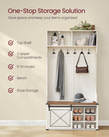 VASAGLE Hall Tree with Bench and Shoe Storage, Coat Rack with Shoe Bench, Entryway Furniture, 6 Tri-Hooks, Sliding Door, Farmfouse Style, Space Saving, Rustic White and Honey Brown UHSR442W01 VASAGLE