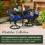 Hanover Montclair 7-Piece Outdoor Dining Set with 6 Swivel Rockers, Navy Blue Cushions and Stamped Steel Rectangular Dining Table, Patio Dining Set for 6, Premium All-Weather Patio Furniture for Deck Hanover