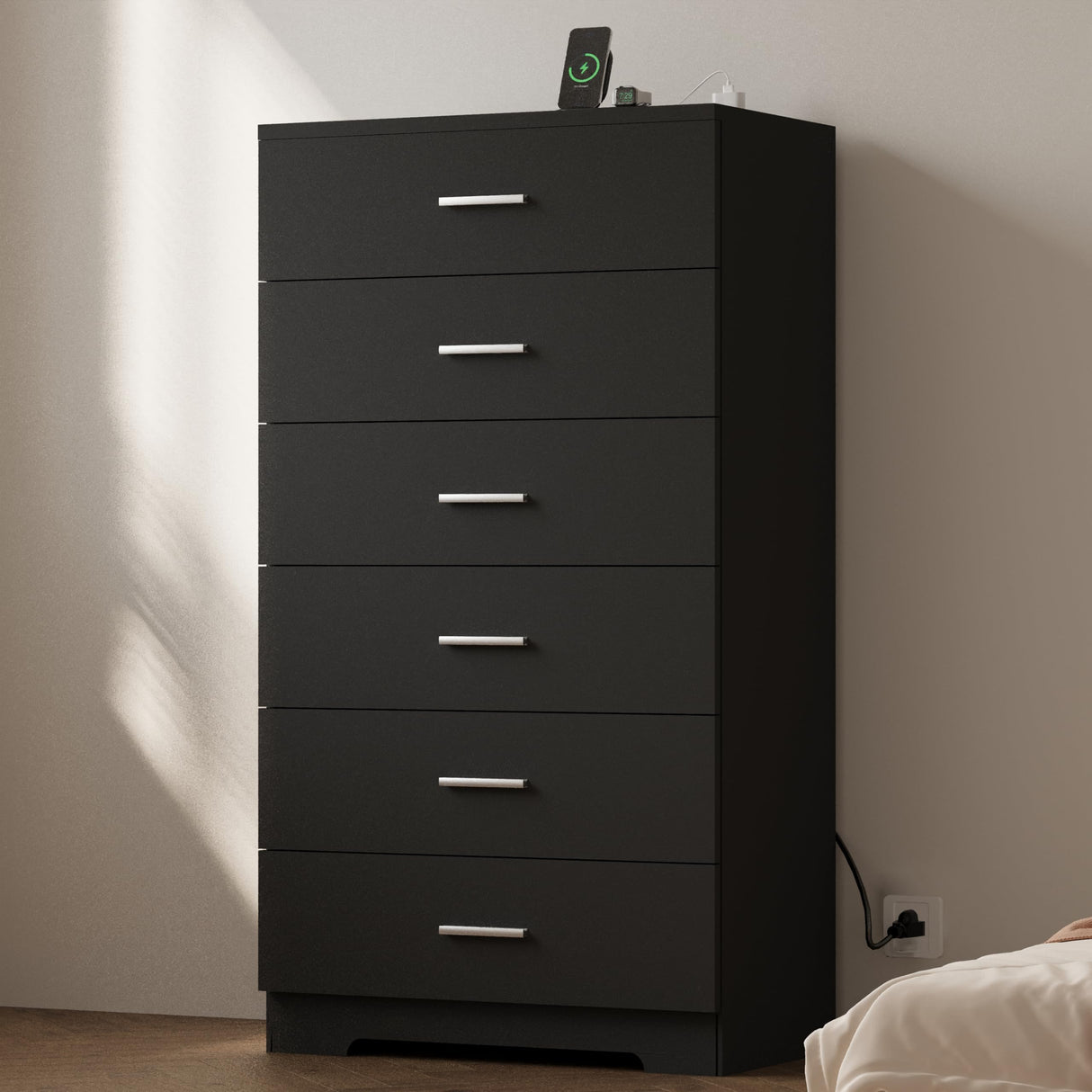 AXCIGOC 48" Tall Dresser for Bedroom Chest of Drawers with Power Outlets Wood 6 Drawers Dresser with Large Storage Space and Metal Handles Modern Closet Storage Drawer for Living Room Hallway Black AXCIGOC