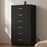 AXCIGOC 48" Tall Dresser for Bedroom Chest of Drawers with Power Outlets Wood 6 Drawers Dresser with Large Storage Space and Metal Handles Modern Closet Storage Drawer for Living Room Hallway Black AXCIGOC