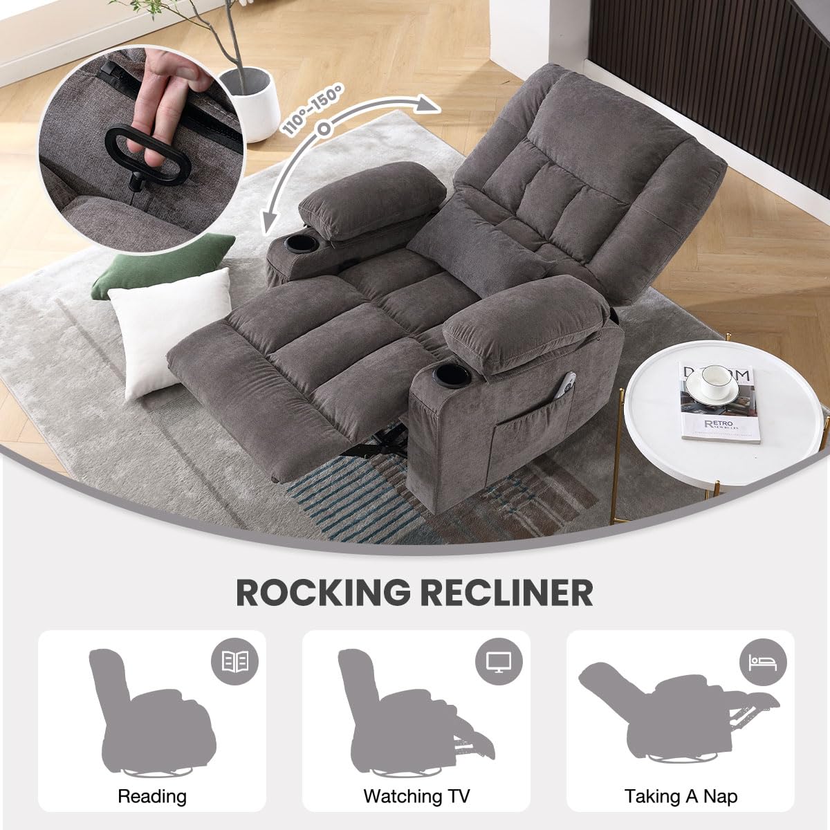 BOSMILLER Oversized Recliner Chair for Adults with Vibration Massage and Lumbar Heating Swivel Rocker Recliner with Cup Holder and USB Charge Port for Living Room BOSMILLER