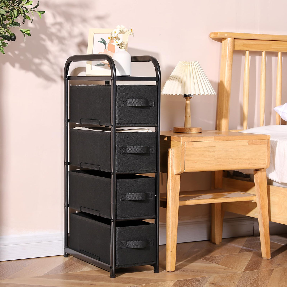 MAX Houser 4 Drawer Narrow Dresser Fabric Storage Tower Vertical Slim Storage Chest Organizer Nightstand Side/End Table Small Standing Organizer Removable Drawers Wood Top for Bedroom, Bathroom（Black) MAX Houser