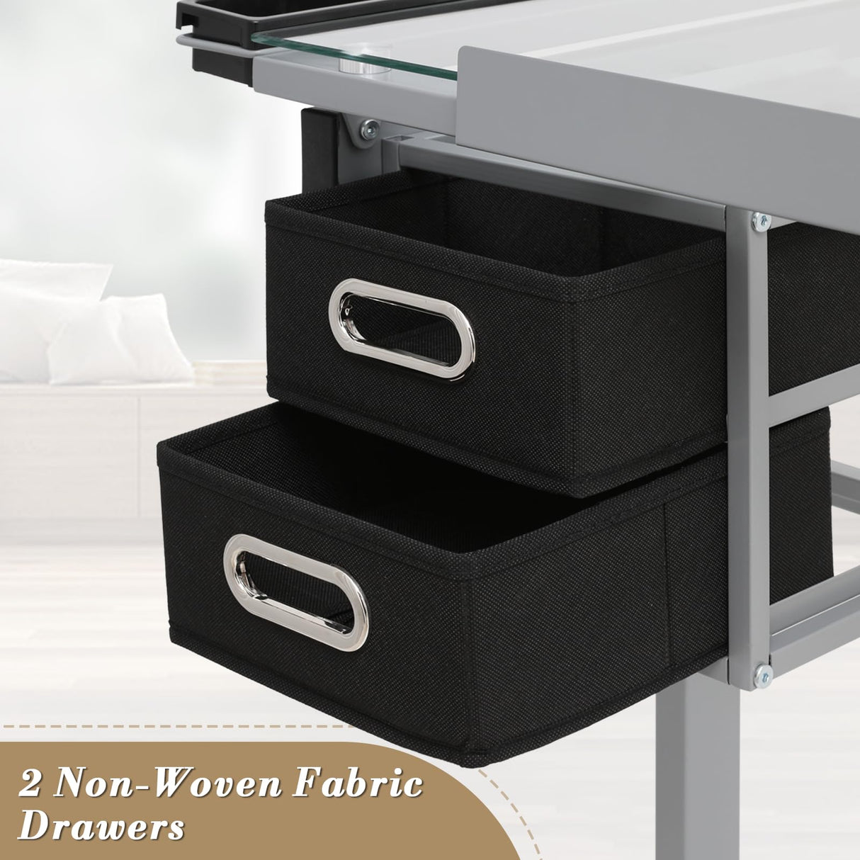 Athena Collection 41" Drafting Table Adjustable Angle Drawing Table Tempered Glass Art Desk Metal Frame Craft Desk Artist Desk with Fabric Drawers, Rolling Casters and Trays, Light Grey Athena Collection