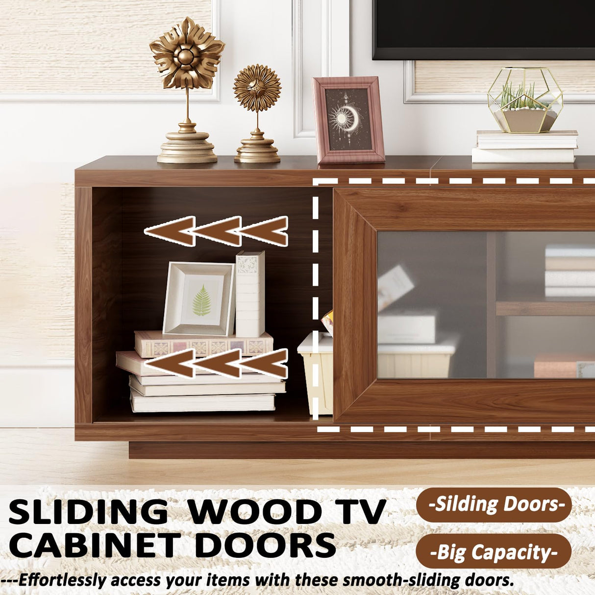 HSH 70" TV Stand for 75 inch TVs,Entertainment Center for Living Room with Storage,Farmhouse Walnut TV Stand Wood with Sliding Doors,Low Media Console Cabinet for Bedroom HSH